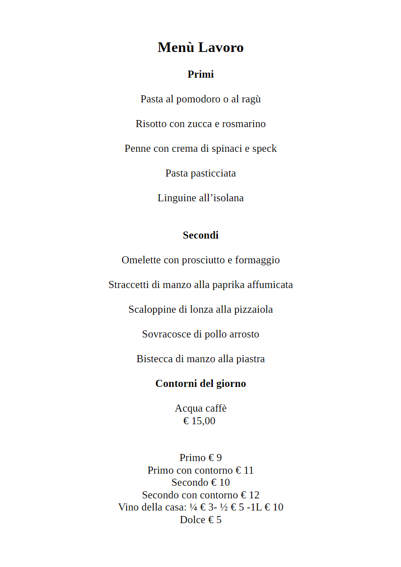 Menù Lavoro